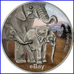 Gabun 1000 Francs 2013 Baby Elephants Silver Ounce Antique Finish in Farbe