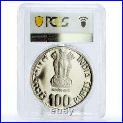 India 100 rupees 150 Years Railways Trains Elephant SP66 PCGS silver coin 2003