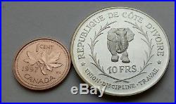 Ivory Coast 10 Francs 1966. KM#1.925 Silver Proof Crown coin. Elephant. 2,9mm