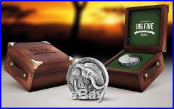 Ivory Coast 2017 5000 Francs Big five Elephant 5Oz Silver Antique Coin