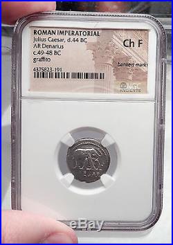 JULIUS CAESAR 49BC Elephant Serpent Ancient SILVER Roman Coin NGC Ch F i59946