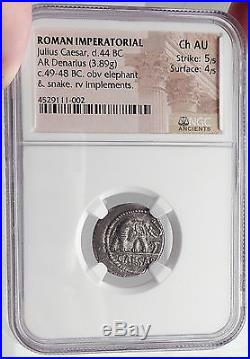 JULIUS CAESAR 49BC Elephant Serpent Authentic Ancient SILVER Roman Coin NGC ChAU