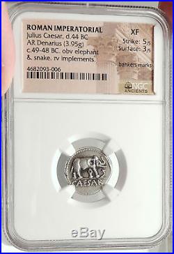 JULIUS CAESAR 49BC Elephant Serpent Authentic Ancient SILVER Roman Coin NGC XF