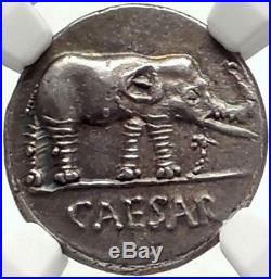 JULIUS CAESAR 49BC Elephant Serpent Genuine Ancient SILVER Roman Coin NGC Ch AU