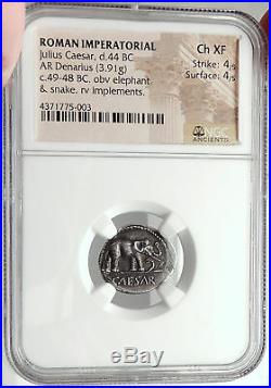 JULIUS CAESAR 49BC Elephant Serpent Genuine Ancient SILVER Roman Coin NGC Ch XF