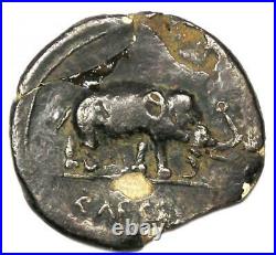 Julius Caesar AR Denarius Silver Elephant Coin 49 BC Fine (Repaired)