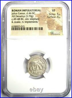 Julius Caesar AR Denarius Silver Elephant Coin 49 BC NGC VF 5/5 Strike