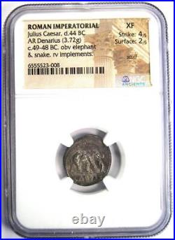 Julius Caesar AR Denarius Silver Elephant Roman Coin 49 BC Certified NGC XF EF