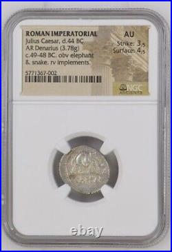 Julius Caesar AR Denarius Silver Elephant Roman Coin 49 BC NGC AU 3/5 4/5