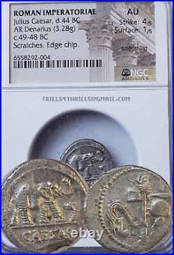 Julius Caesar AR Denarius Silver Elephant Roman Coin 49 BC NGC AU Sharp