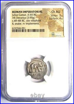 Julius Caesar AR Denarius Silver Elephant Roman Coin 49 BC NGC Choice AU