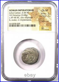 Julius Caesar AR Denarius Silver Elephant Roman Coin 49 BC NGC Choice VF