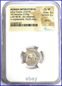 Julius Caesar AR Denarius Silver Elephant Roman Coin 49 BC NGC Choice VF