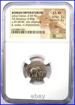 Julius Caesar AR Denarius Silver Elephant Roman Coin 49 BC NGC Choice XF (EF)