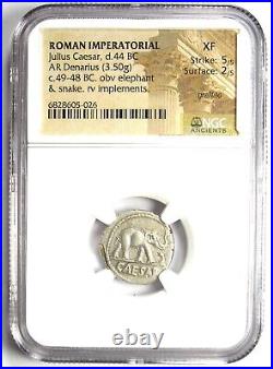 Julius Caesar AR Denarius Silver Elephant Roman Coin 49 BC NGC XF (EF)