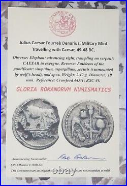 Julius Caesar Ancient Roman Elephant Denarius Coin 925 Silver Necklace with COA