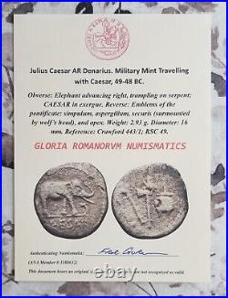 Julius Caesar Ancient Roman Elephant Denarius Coin Silver Ring with Certificate