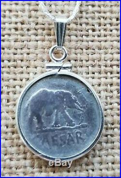 Julius Caesar Ancient Roman Elephant Denarius Coin with 925 Silver Bezel & Chain