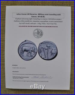Julius Caesar Authentic Ancient Roman Elephant Silver Denarius Coin with COA