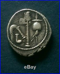 Julius Caesar Elephant & Pontifical Tools AR Silver Denarius 46-45 BC Coin