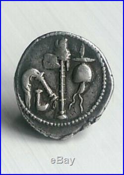 Julius Caesar Elephant & Pontifical Tools AR Silver Denarius 49-48 BC Coin