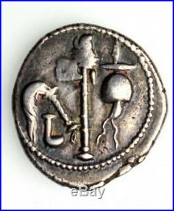 Julius Caesar War Elephant & Pontifical Tools AR Silver Denarius 46-45 BC Coin