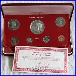 LIBERIA 1977 7 COIN PROOF SET WITH ELEPHANT SILVER $5 sealed/coa/complete