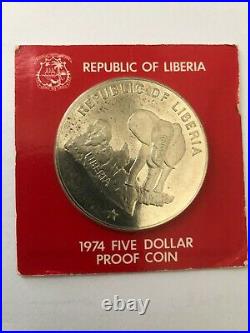 Liberia -1974 $5 Dollar Coin (Proof, PF) 0.900 Silver Bull Elephant
