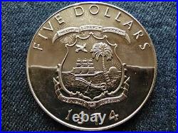 Liberia Elephant 5 Dollars. 900 Silver Coin 1974 PP