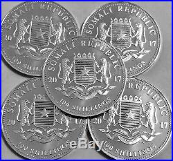 (Lot Of 5 Coins) (2017) 1 oz Somalia. 999 Silver Elephant Coin (BU)