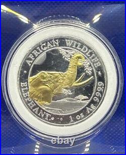 Lot of 3 X 1oz UNC 2023 Somalia Elephant Fine Silver, Colored & Gold Gilt Coin