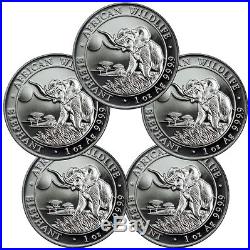 Lot of 5 2016 Somalia 100S 1 Oz. 9999 Silver African Elephant Coins SKU37656