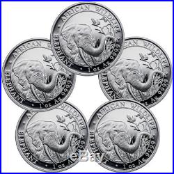 Lot of 5 2018 Somalia 1 oz Silver Elephant Sh100 Coins GEM BU SKU49891