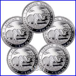 Lot of 5 2019 Somalia 1 oz Silver Elephant Sh100 Coins GEM BU SKU55250