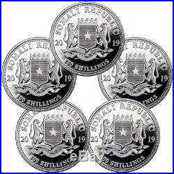 Lot of 5 2019 Somalia 1 oz Silver Elephant Sh100 Coins GEM BU SKU55250
