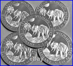 Lot of 5 coins (2017) 1 OZ Authentic Somalia Pure Silver Elephant Coin (BU)