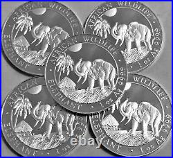 Lot of 5 coins (2017) 1 OZ Somalia Silver Elephant Coin (BU)