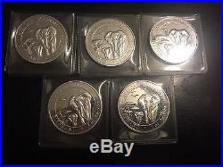 Lot of FIVE 2015 Somalia Republic Elephant 1 oz. 999 Silver 100 Shillings BU
