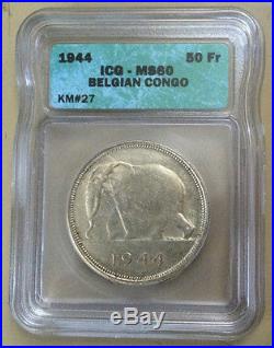 MS 60 SLAB BELGIAN CONGO SILVER AFRICAN ELEPHANT 50 FRANCS COIN of 1944 KM # 27