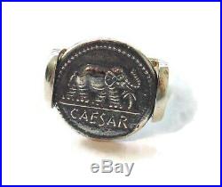 Mens Sterling Silver Ring SZ 10 Signet Roman Emperor Julius Caesar Elephant Coin