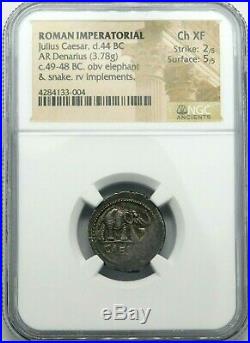 NGC Ch XF 2/5-5/5 Julius Caesar. Superb Rare Denarius. War Elephant. Silver Coin