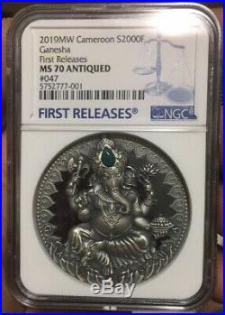 NGC MS70 Cameroon 2019 Ganesha Elephant Antiqued Silver Coin 2oz S2000F COA