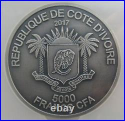 NGC MS70 Ivory Coast Côte d'Ivoire 2017 Big Five Elephant Silver Coin 5oz S5000F