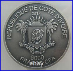 NGC MS70 Ivory Coast Côte d'Ivoire 2017 Big Five Elephant Silver Coin 5oz S5000F