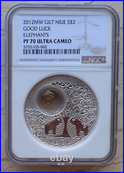 NGC PF70 2012 Niue Gilt 28.28g Silver Coin Good Luck Elephants