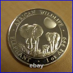 NWT Somalia 100 Schillings Elephant 2014 Silver 99.9% 1oz Silver Coin + Zip