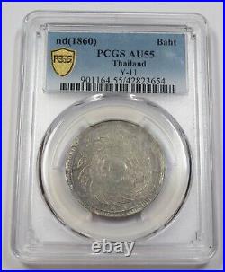 Nd 1860 PCGS AU55 THAILAND SILVER Rama V Baht Elephant Coin #34335A