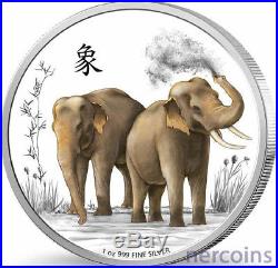 Niue 2015 Feng Shui Elephants $2 Pure Silver 1 Oz Proof Colored Coin