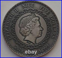Niue 2019 5$ ELEPHANT Mandala Art 2 oz Antique Silver Coin withSwarovski Crystal