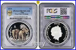 PCGS PR69DCAM 2015 Niue Feng Shui Elephants Silver 1 OZ Rare. 999 $2 Silver Coin